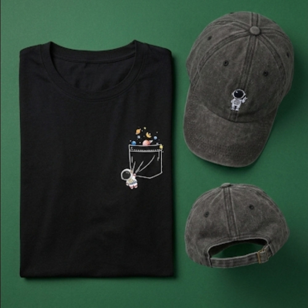Astronaut Tee, Washed Denim Baseball Cap, & Iron On Astronaut Patches Bundle
